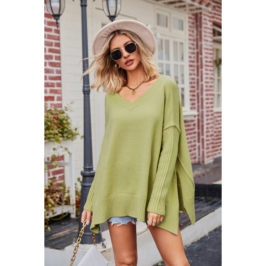 Slit V-Neck Dropped Shoulder Sweater Apparel and Accessories