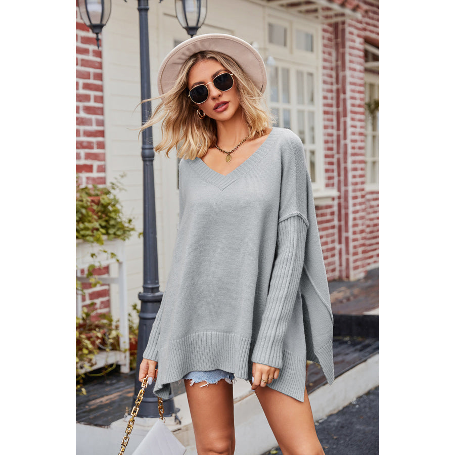 Slit V-Neck Dropped Shoulder Sweater Apparel and Accessories