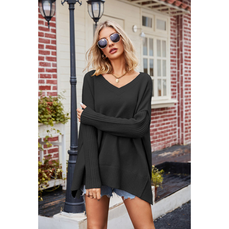 Slit V-Neck Dropped Shoulder Sweater Apparel and Accessories