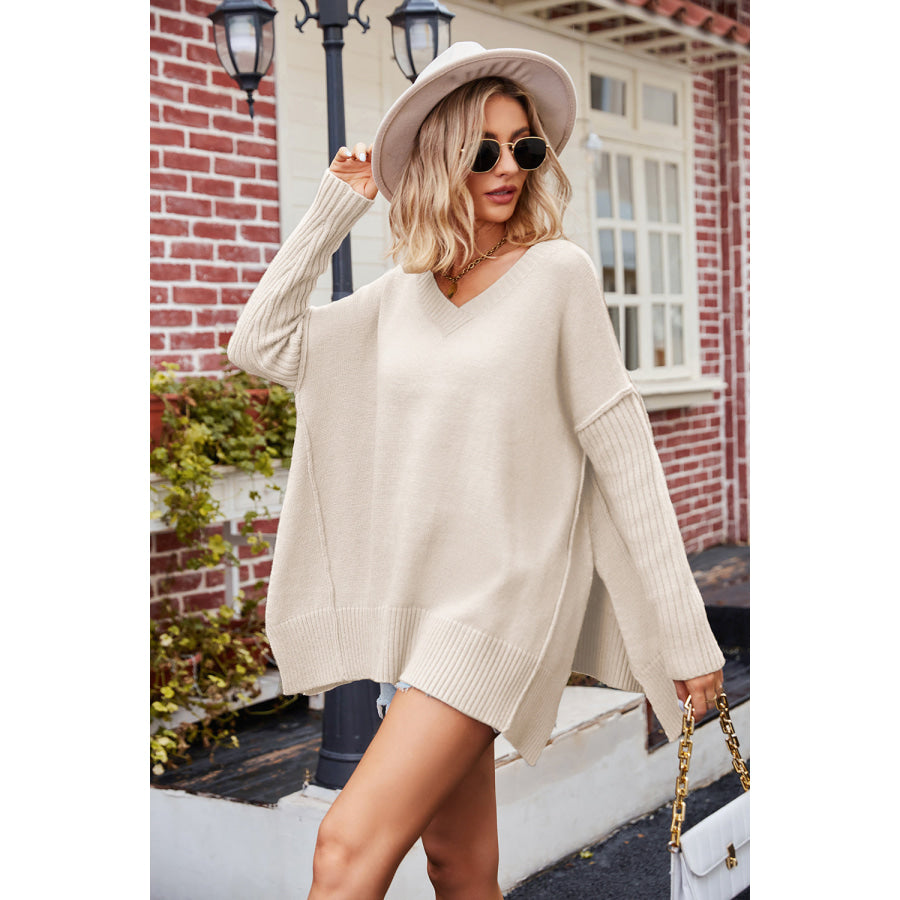 Slit V-Neck Dropped Shoulder Sweater Apparel and Accessories