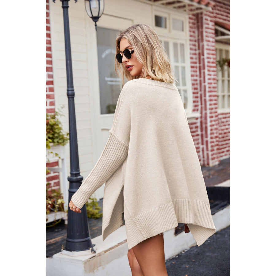 Slit V-Neck Dropped Shoulder Sweater Apparel and Accessories