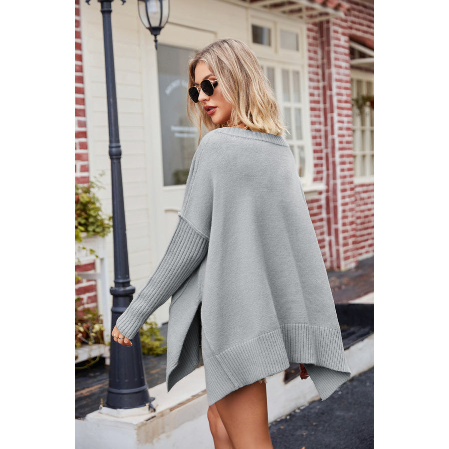 Slit V-Neck Dropped Shoulder Sweater Apparel and Accessories