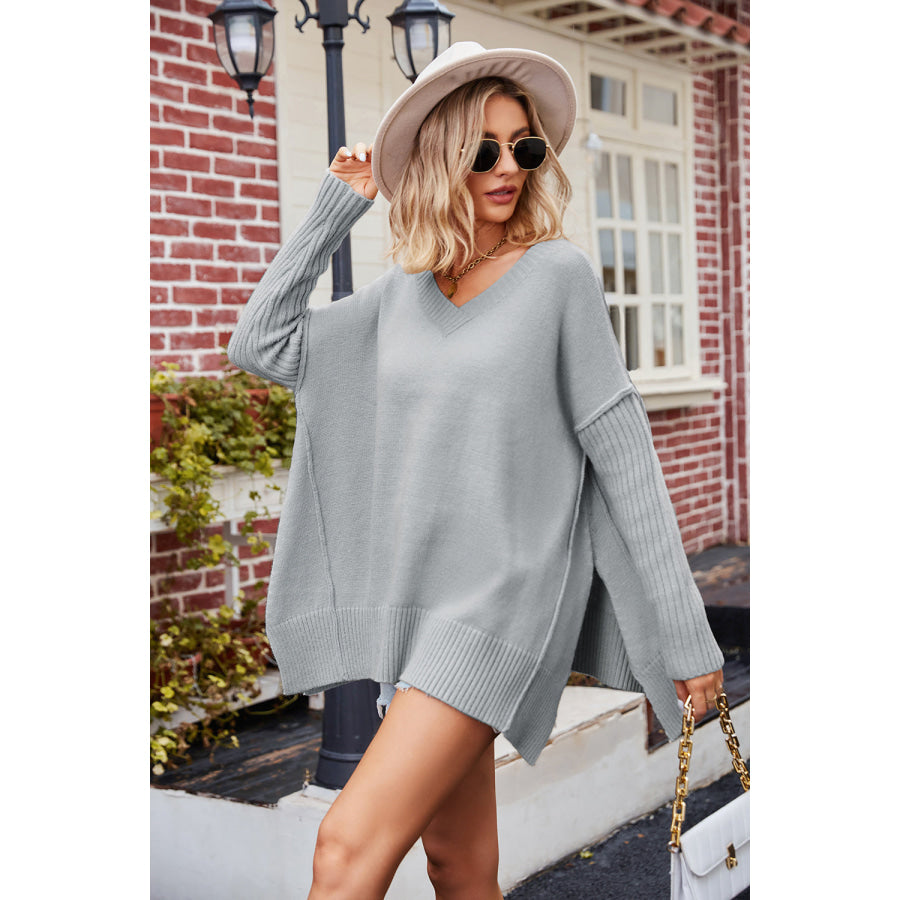 Slit V-Neck Dropped Shoulder Sweater Apparel and Accessories