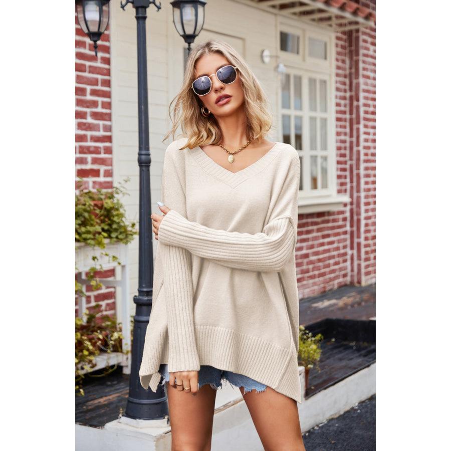 Slit V-Neck Dropped Shoulder Sweater Apparel and Accessories