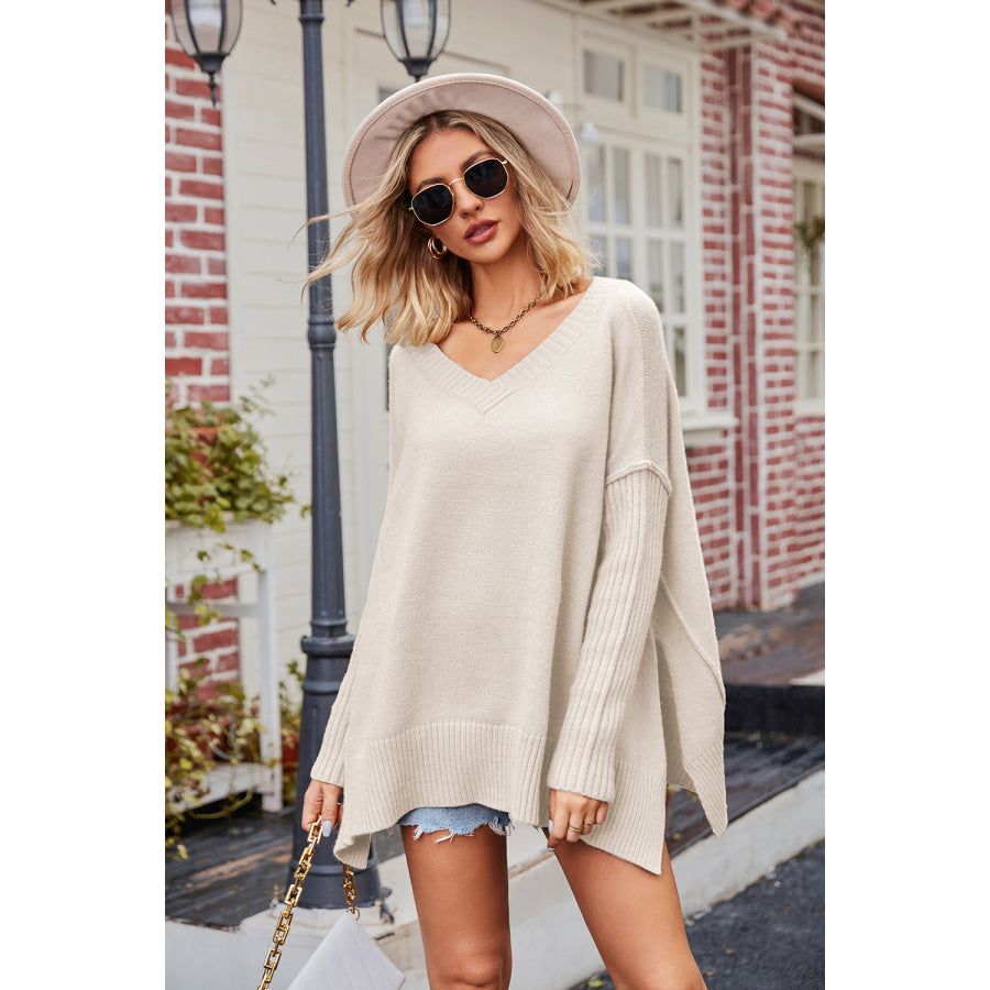 Slit V-Neck Dropped Shoulder Sweater Beige / S Apparel and Accessories