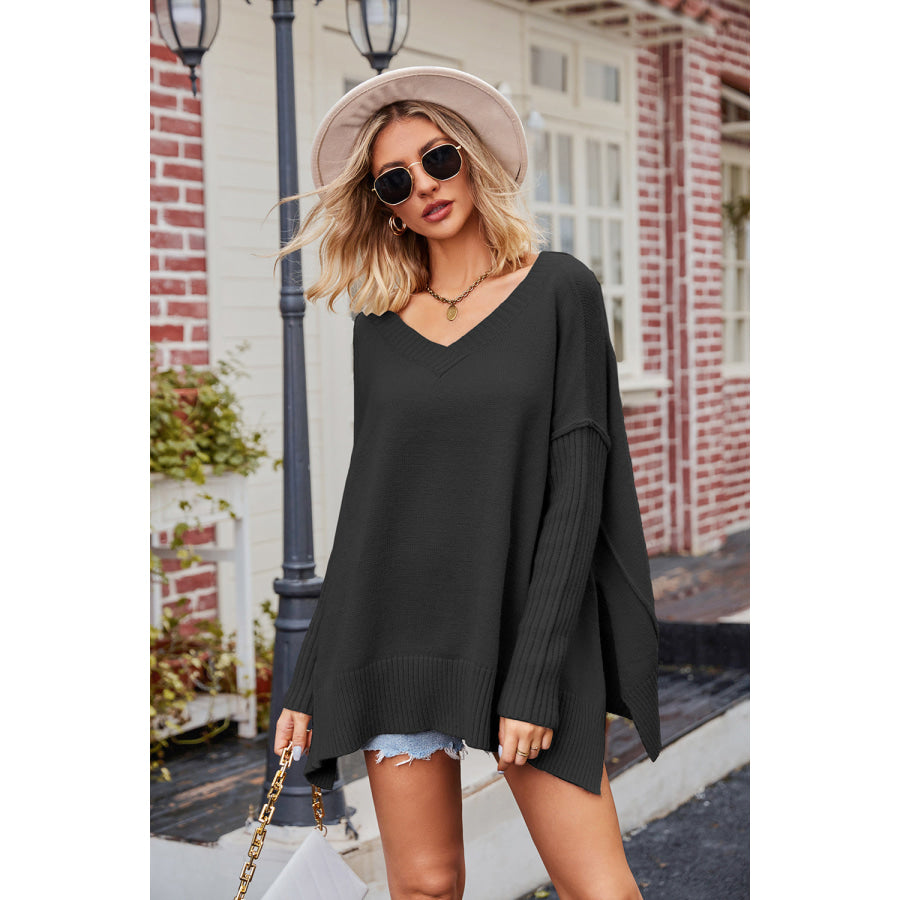 Slit V-Neck Dropped Shoulder Sweater Black / S Apparel and Accessories