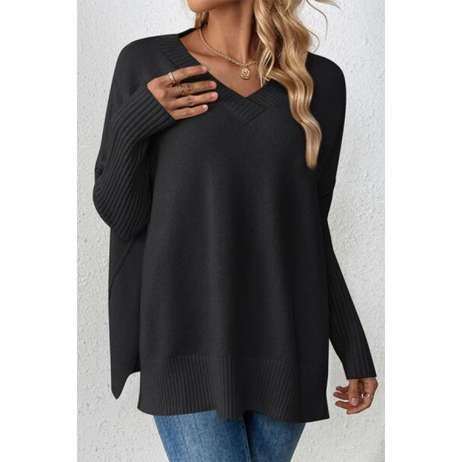 Slit V-Neck Dropped Shoulder Sweater Black / S Clothing
