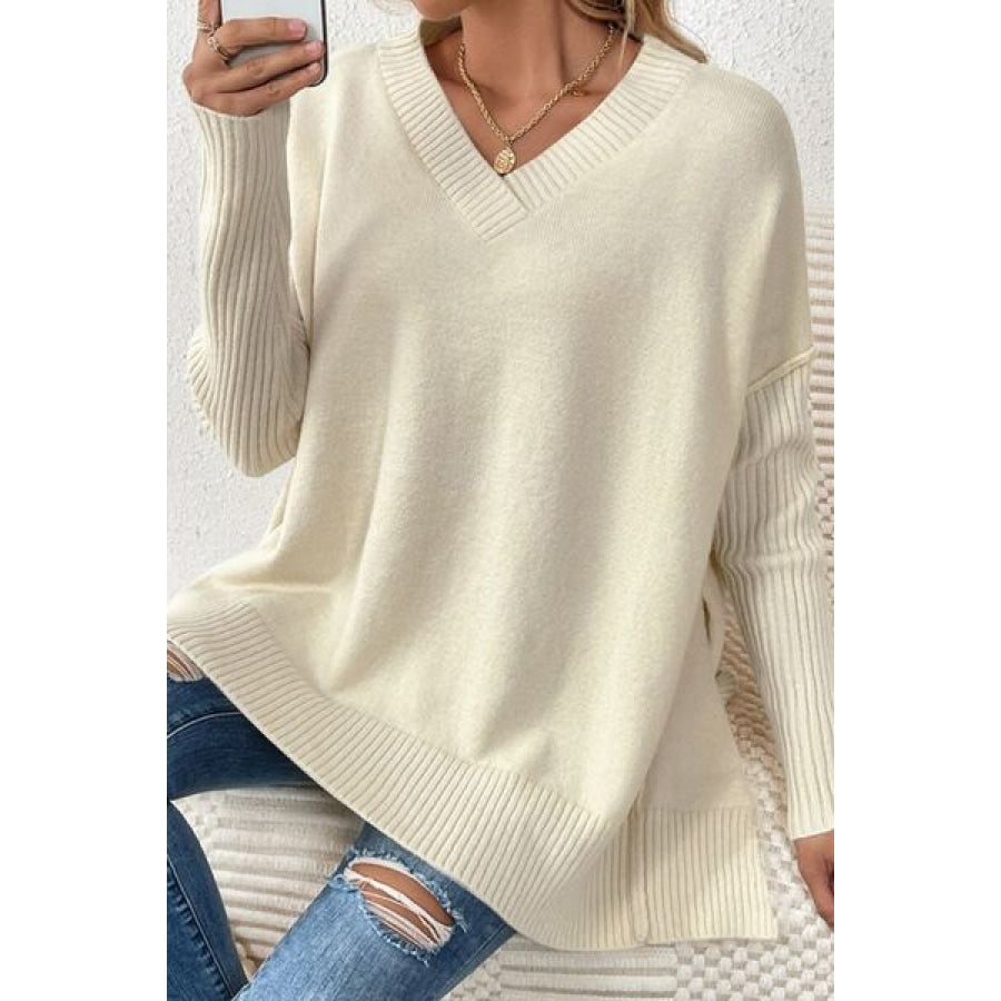 Slit V-Neck Dropped Shoulder Sweater Clothing