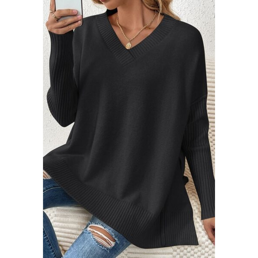 Slit V-Neck Dropped Shoulder Sweater Clothing