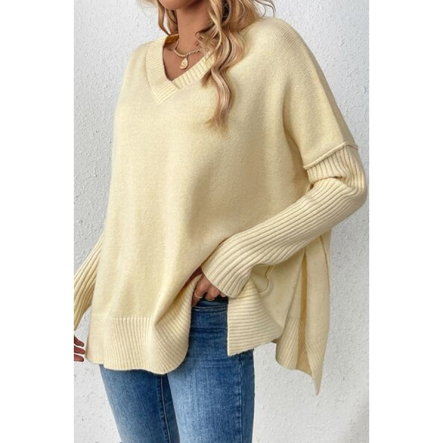 Slit V-Neck Dropped Shoulder Sweater Clothing