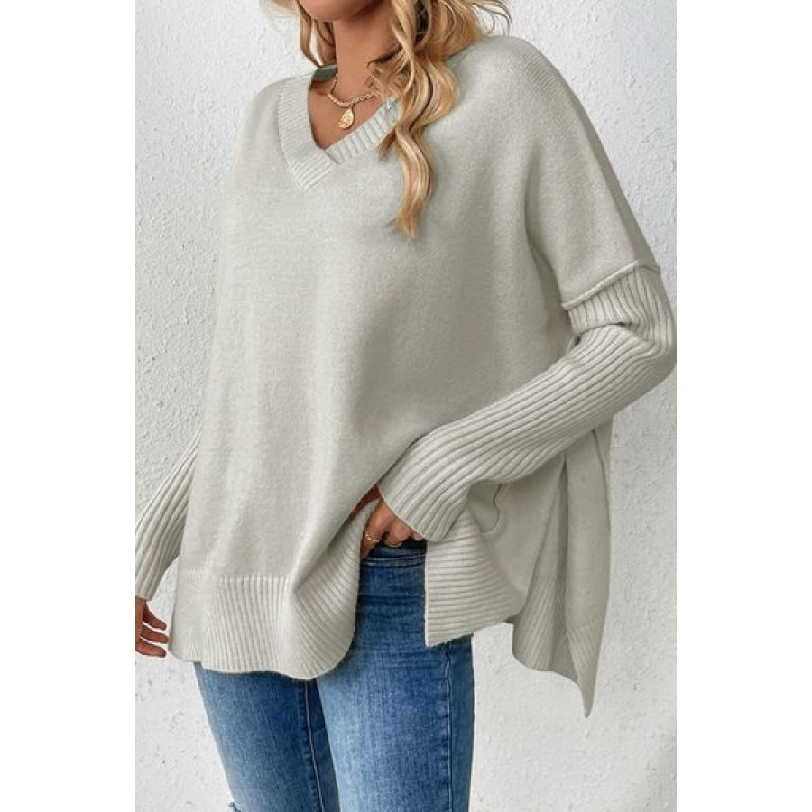 Slit V-Neck Dropped Shoulder Sweater Clothing