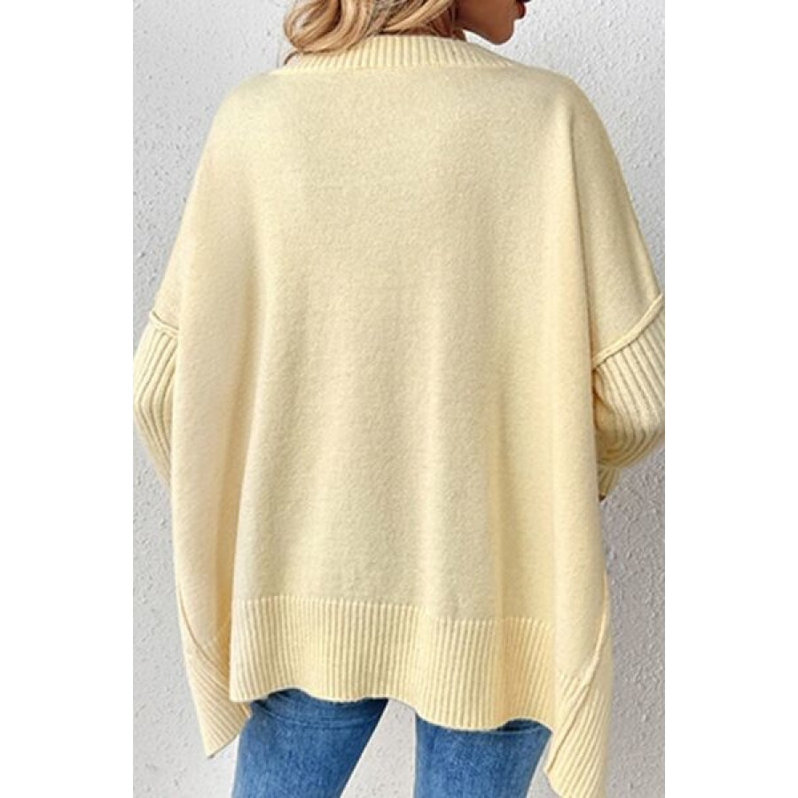 Slit V-Neck Dropped Shoulder Sweater Clothing