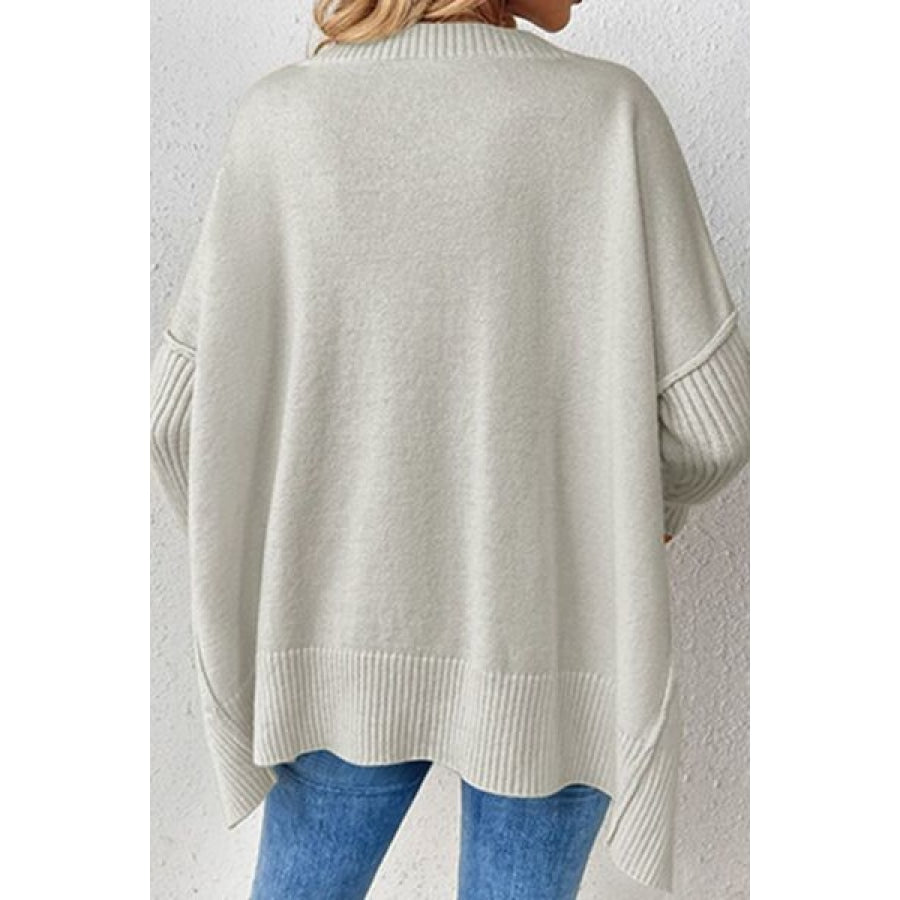 Slit V-Neck Dropped Shoulder Sweater Clothing