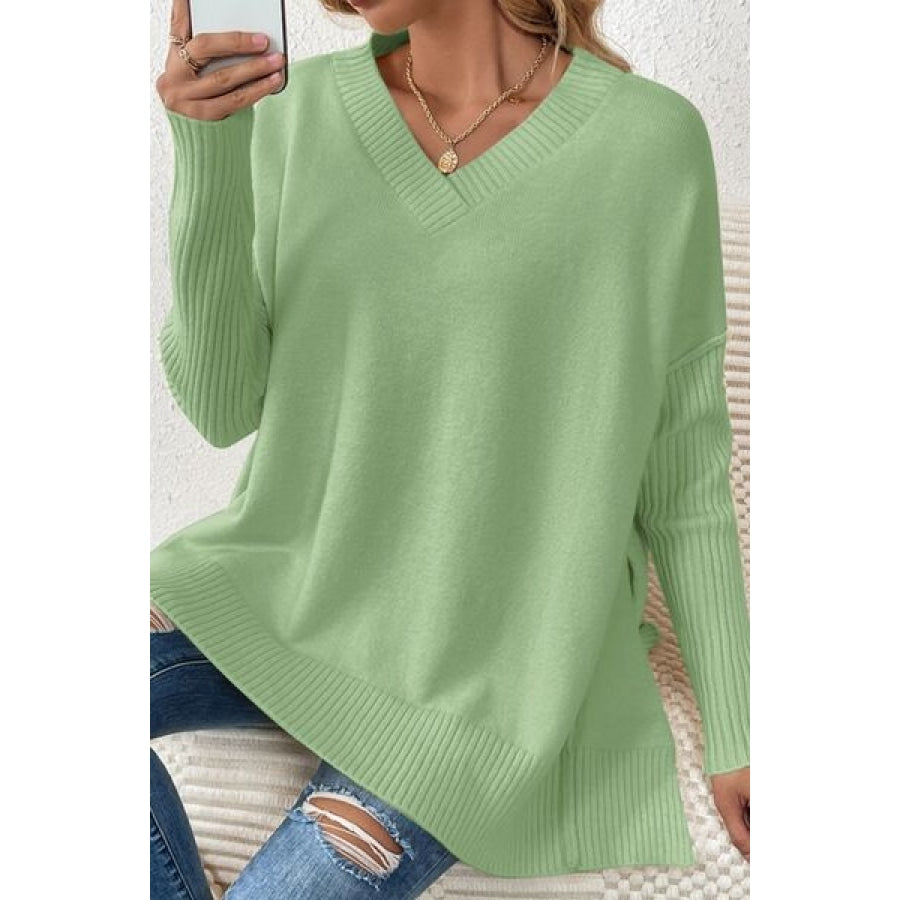 Slit V-Neck Dropped Shoulder Sweater Clothing