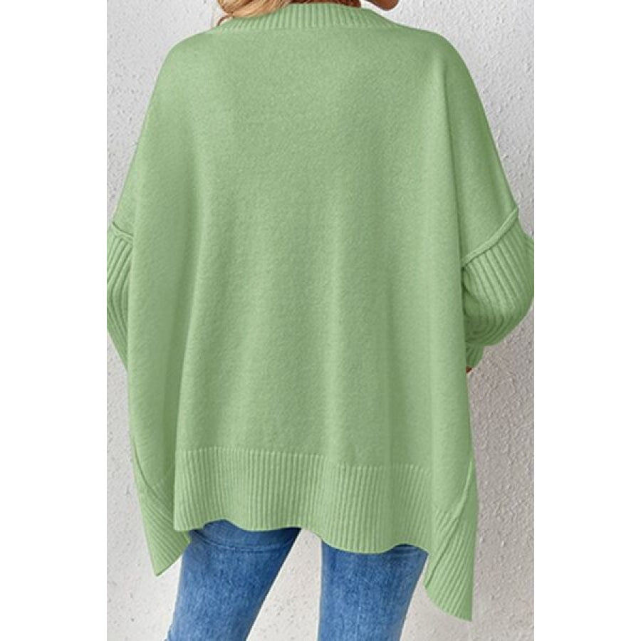 Slit V-Neck Dropped Shoulder Sweater Clothing