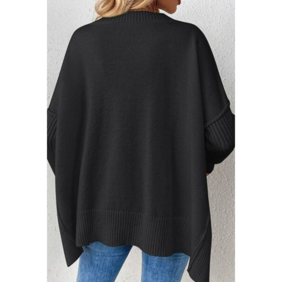 Slit V-Neck Dropped Shoulder Sweater Black / S Clothing