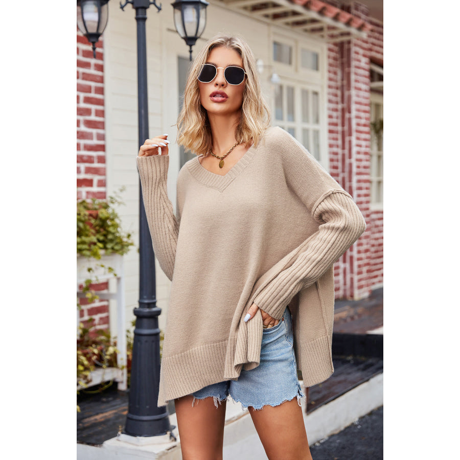 Slit V-Neck Dropped Shoulder Sweater Dust Storm / S Apparel and Accessories