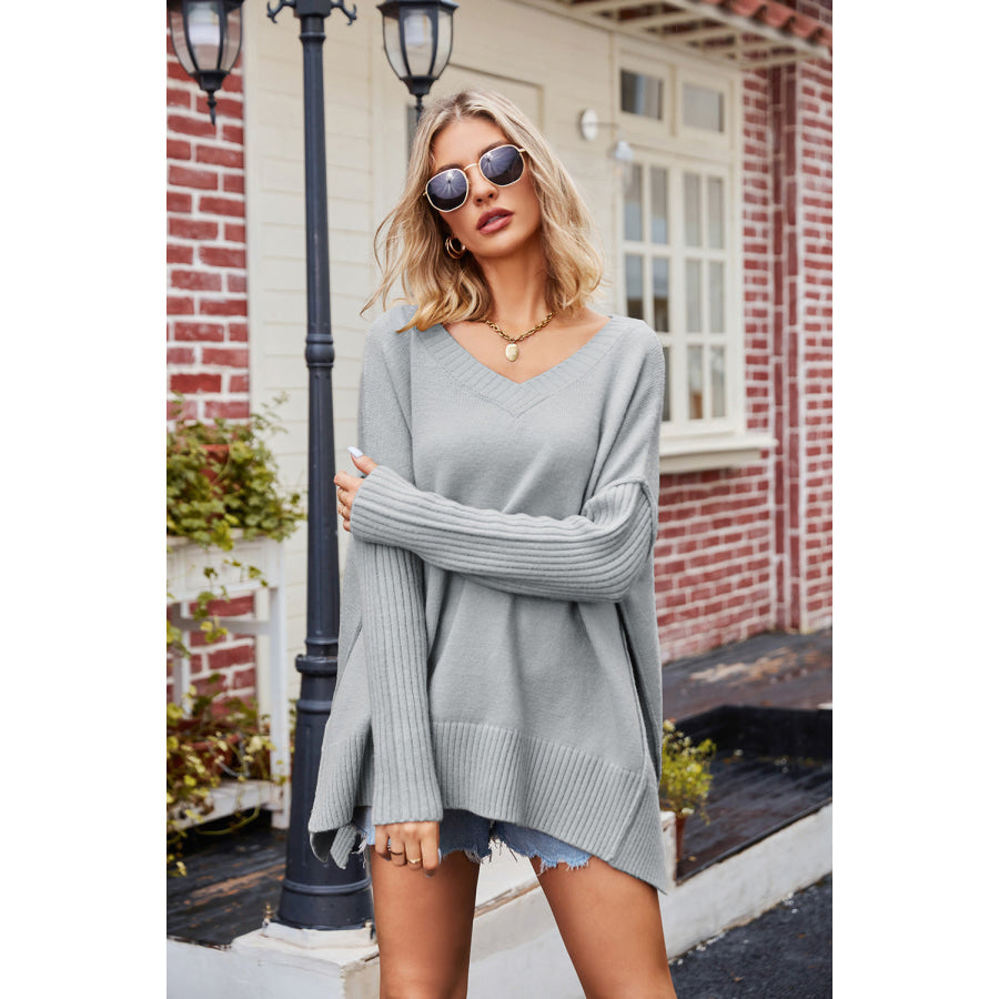 Slit V-Neck Dropped Shoulder Sweater Gray / S Apparel and Accessories