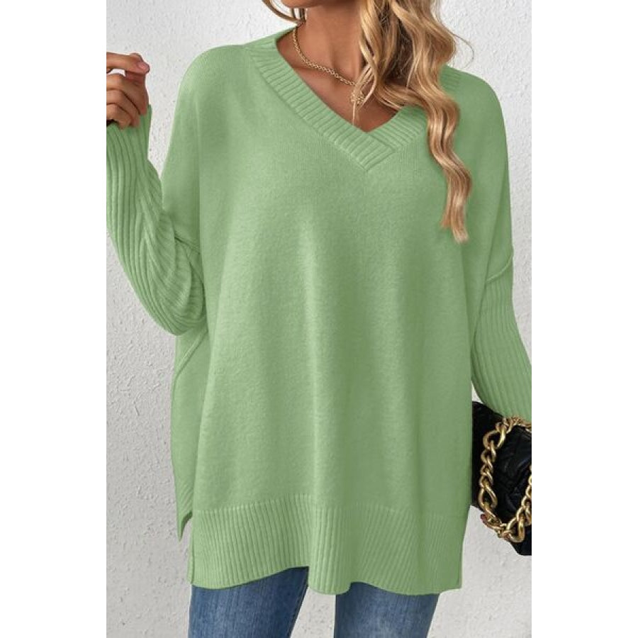 Slit V-Neck Dropped Shoulder Sweater Gum Leaf / S Clothing