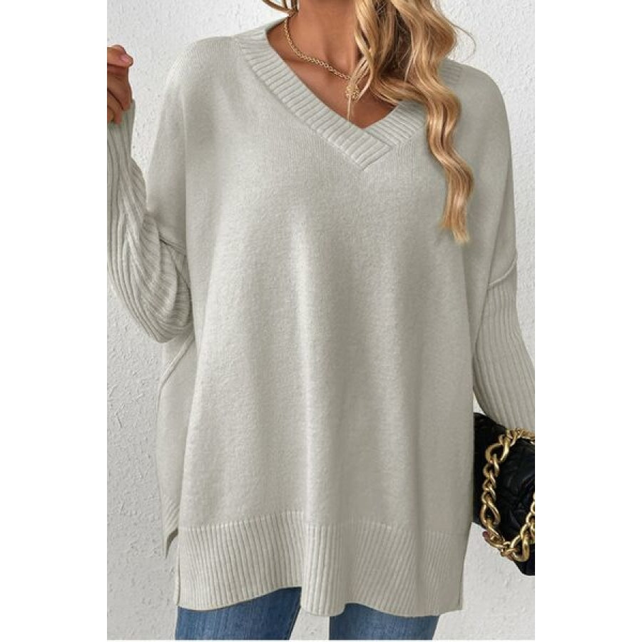 Slit V-Neck Dropped Shoulder Sweater Heather Gray / S Clothing