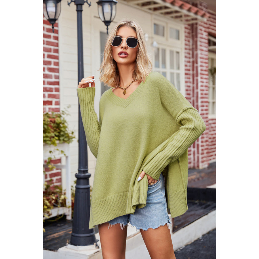 Slit V-Neck Dropped Shoulder Sweater Lime / S Apparel and Accessories