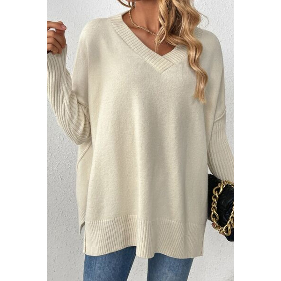 Slit V-Neck Dropped Shoulder Sweater Pastel Yellow / S Clothing