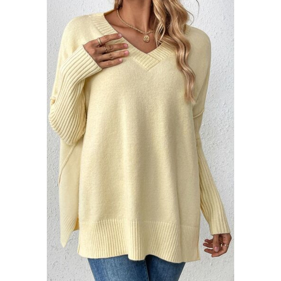 Slit V-Neck Dropped Shoulder Sweater Sand / S Clothing