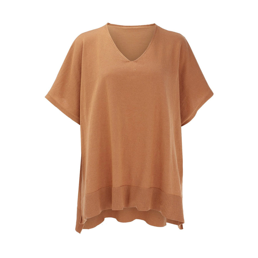 Slit V-Neck Half Sleeve Knit Top Caramel / S Apparel and Accessories