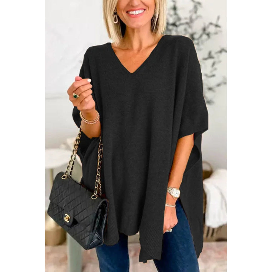 Slit V-Neck Half Sleeve Knit Top Black / S Apparel and Accessories