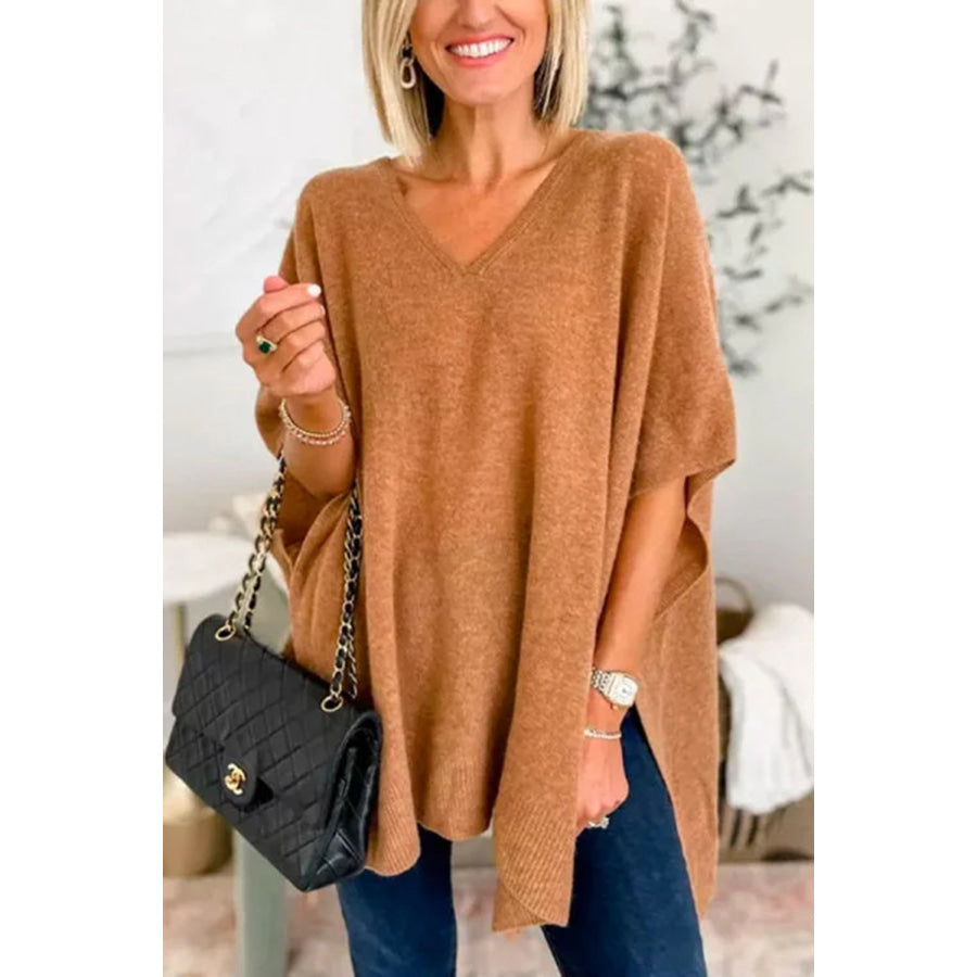 Slit V-Neck Half Sleeve Knit Top Caramel / S Apparel and Accessories