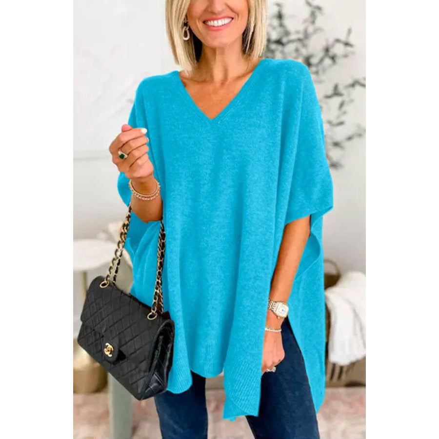 Slit V-Neck Half Sleeve Knit Top Cerulean / S Apparel and Accessories