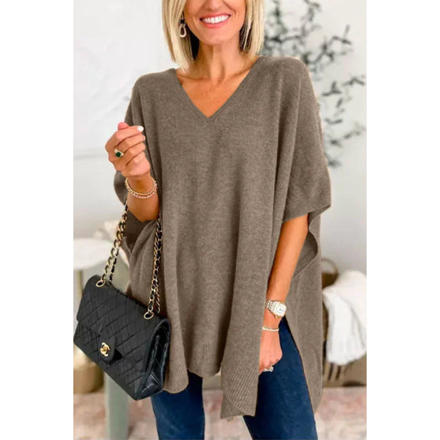 Slit V-Neck Half Sleeve Knit Top Coffee Brown / S Apparel and Accessories