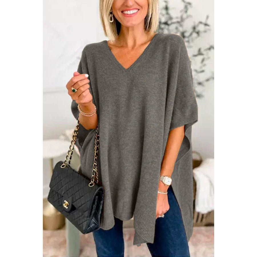 Slit V-Neck Half Sleeve Knit Top Dark Gray / S Apparel and Accessories