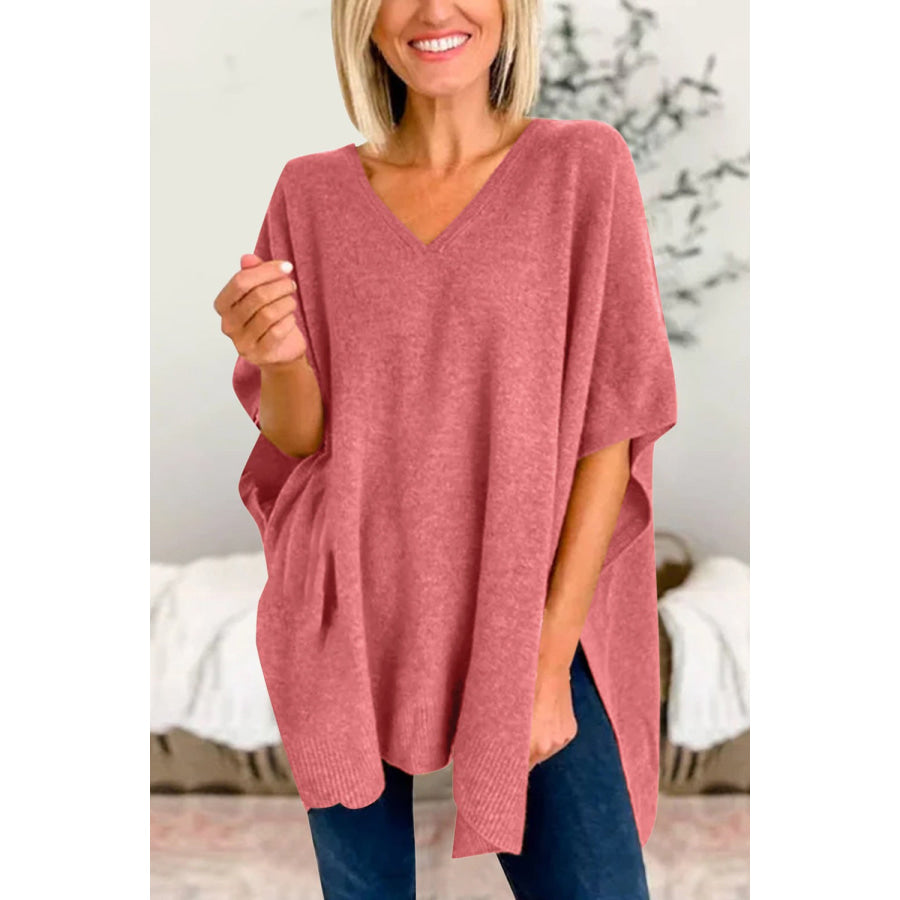 Slit V-Neck Half Sleeve Knit Top Dusty Pink / S Apparel and Accessories