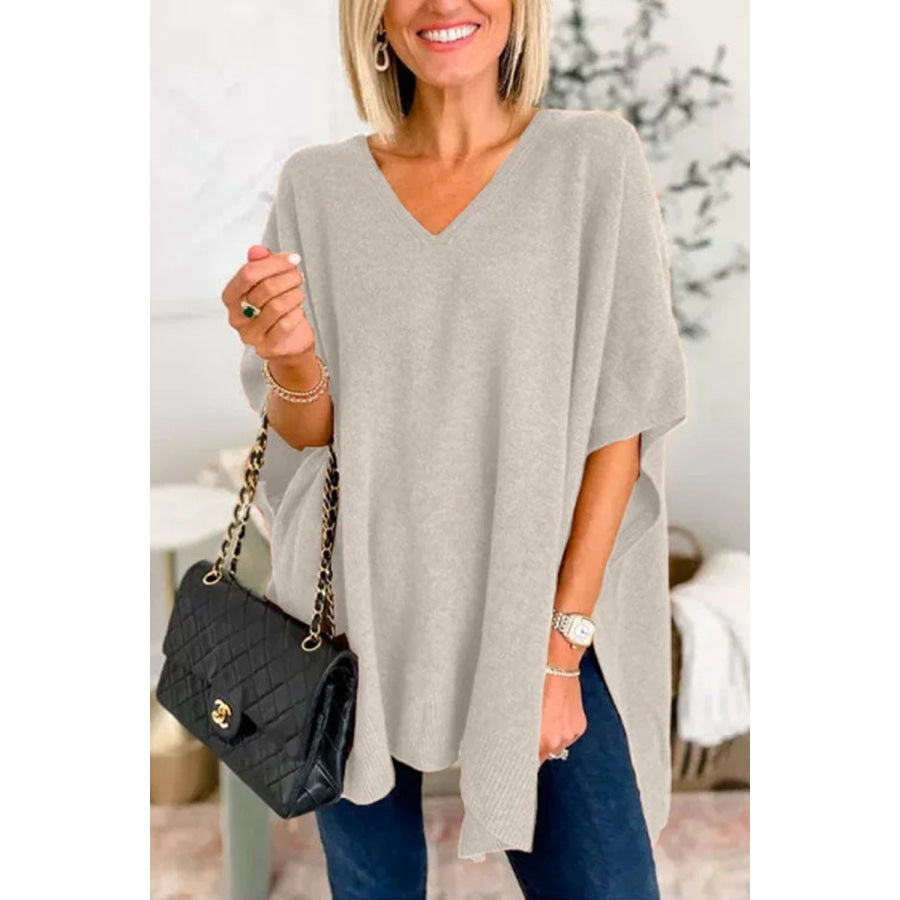 Slit V-Neck Half Sleeve Knit Top Light Gray / S Apparel and Accessories