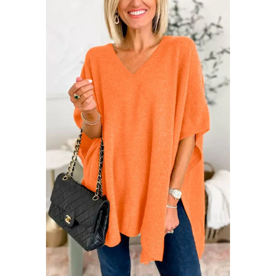 Slit V-Neck Half Sleeve Knit Top Pumpkin / S Apparel and Accessories