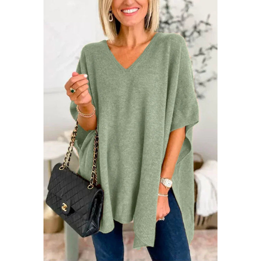 Slit V-Neck Half Sleeve Knit Top Sage / S Apparel and Accessories