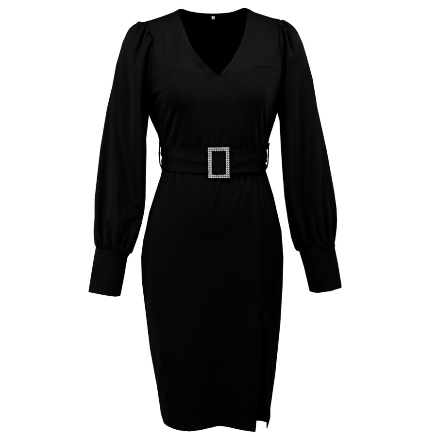 Slit V-Neck Long Sleeve Knee Length Dress Apparel and Accessories