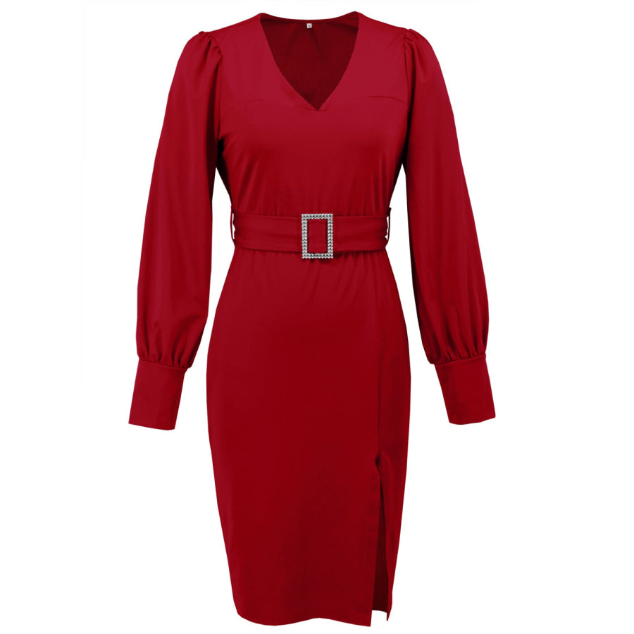 Slit V-Neck Long Sleeve Knee Length Dress Apparel and Accessories