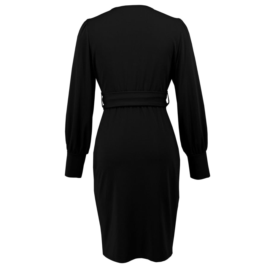 Slit V-Neck Long Sleeve Knee Length Dress Apparel and Accessories