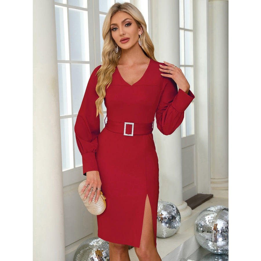 Slit V-Neck Long Sleeve Knee Length Dress Apparel and Accessories