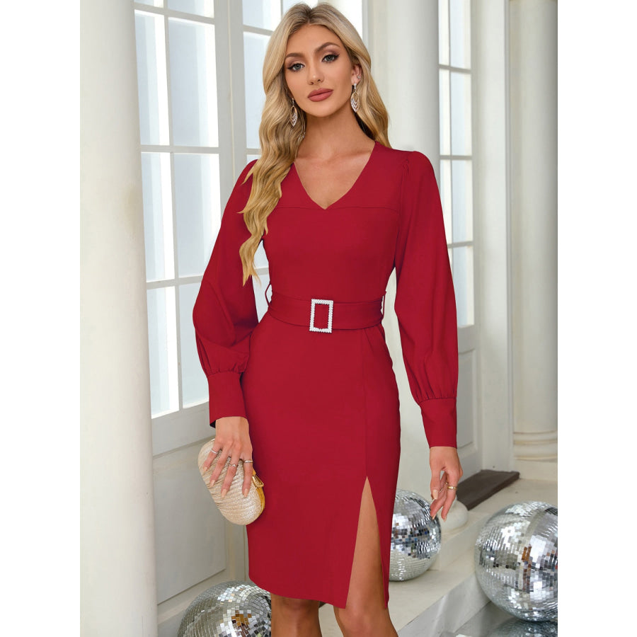 Slit V-Neck Long Sleeve Knee Length Dress Apparel and Accessories