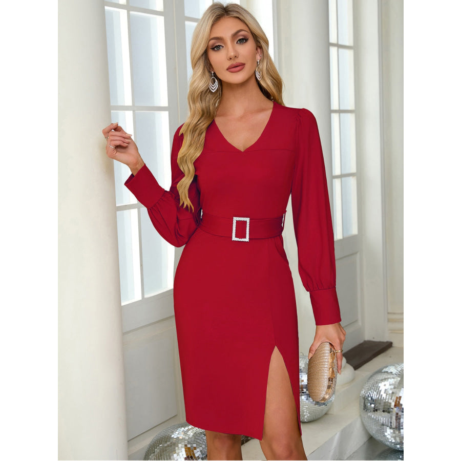 Slit V-Neck Long Sleeve Knee Length Dress Apparel and Accessories