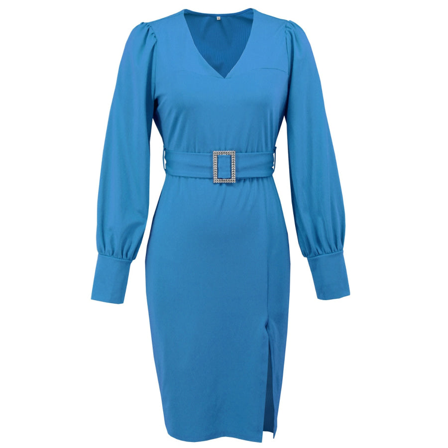 Slit V-Neck Long Sleeve Knee Length Dress Apparel and Accessories