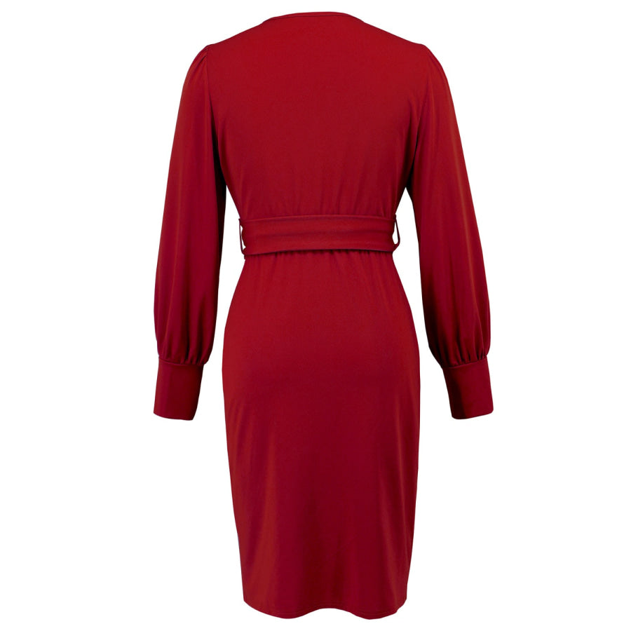 Slit V-Neck Long Sleeve Knee Length Dress Apparel and Accessories