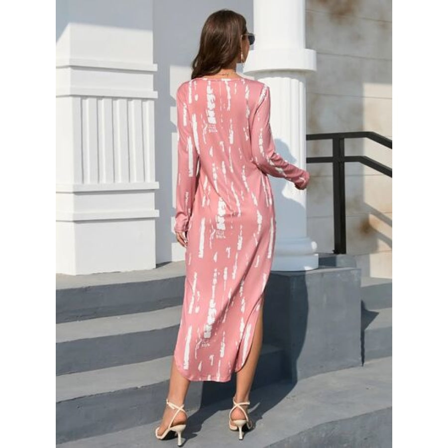 Slit V-Neck Long Sleeve Midi Dress Apparel and Accessories