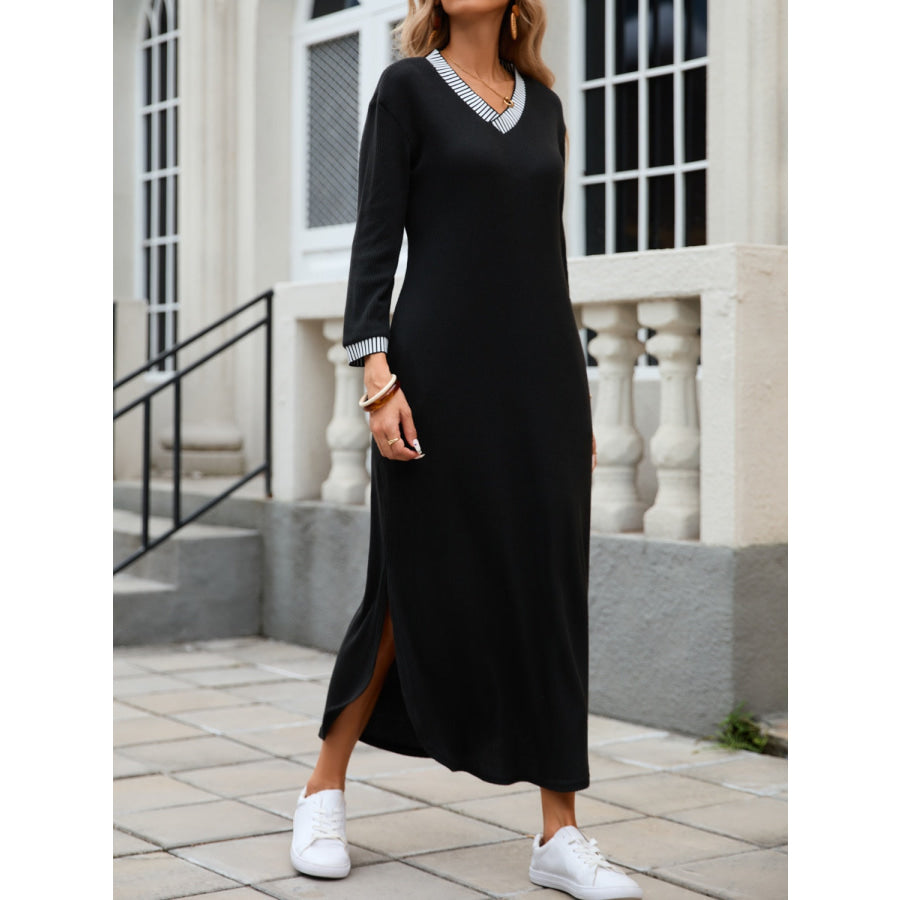 Slit V-Neck Long Sleeve Midi Dress Apparel and Accessories