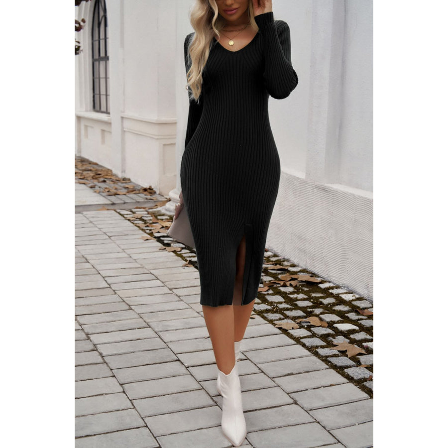 Slit V-Neck Long Sleeve Midi Dress Apparel and Accessories