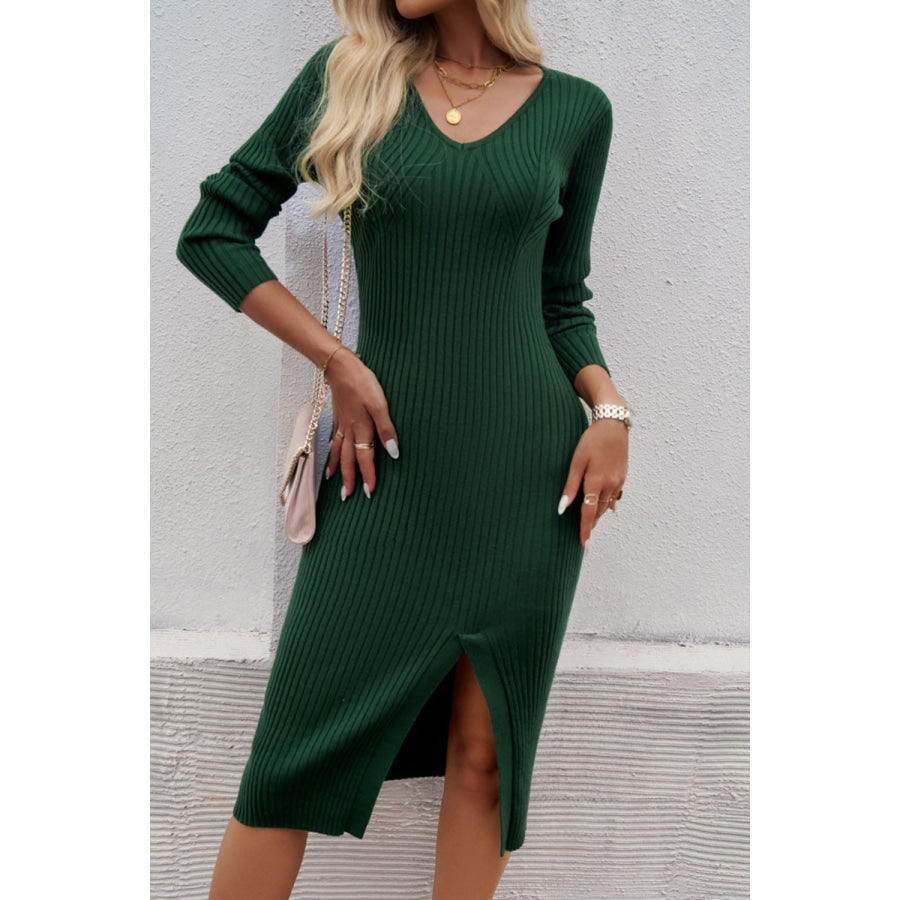 Slit V-Neck Long Sleeve Midi Dress Apparel and Accessories