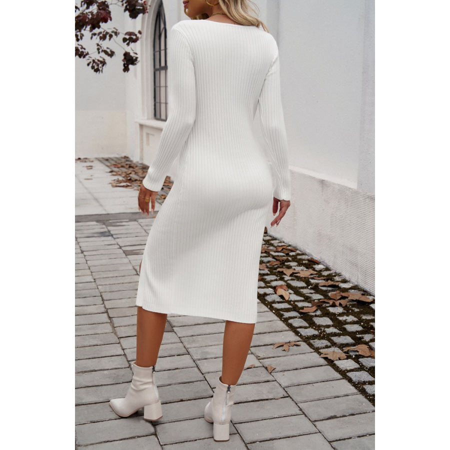 Slit V-Neck Long Sleeve Midi Dress Apparel and Accessories